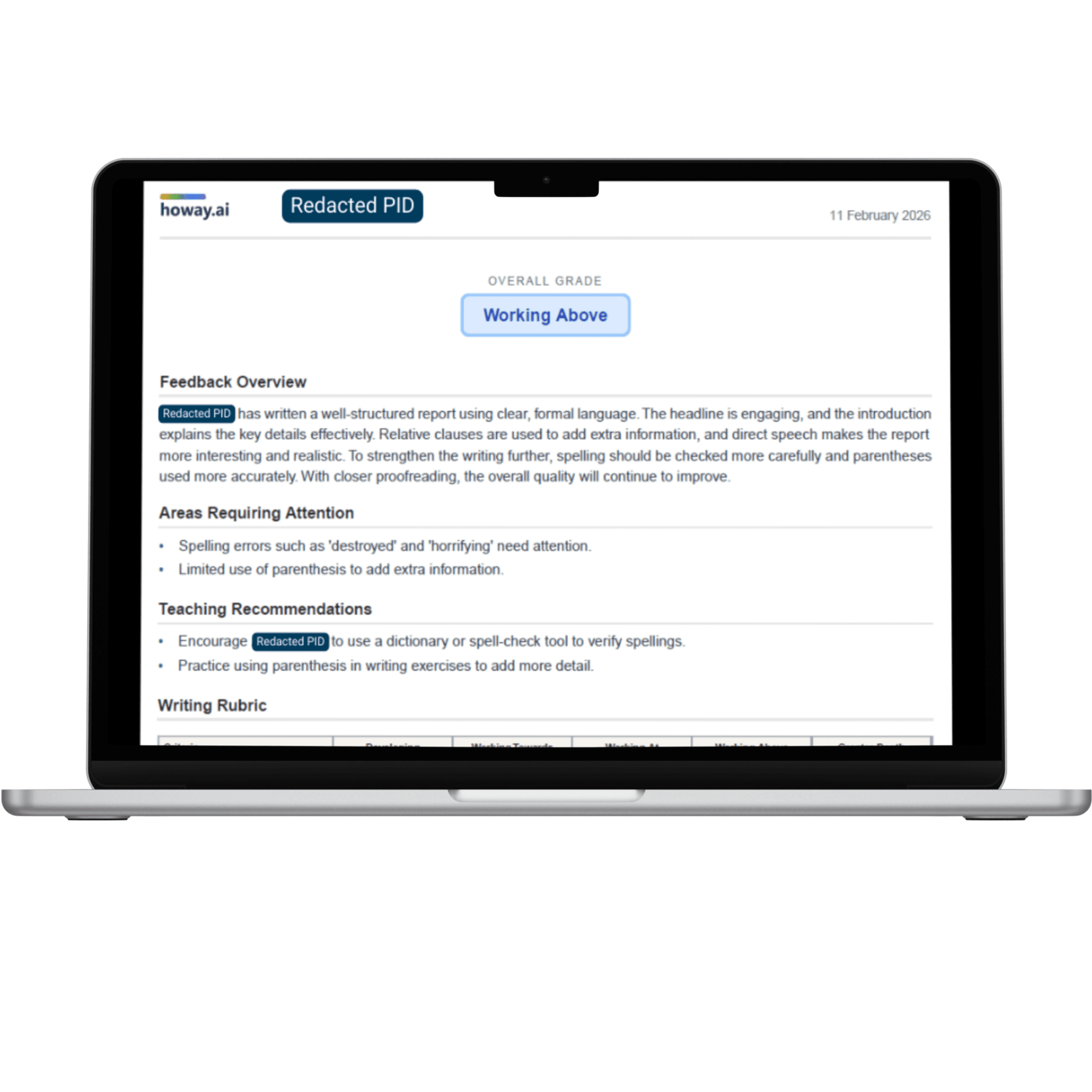 Teacher shareable PDF report from howay.ai