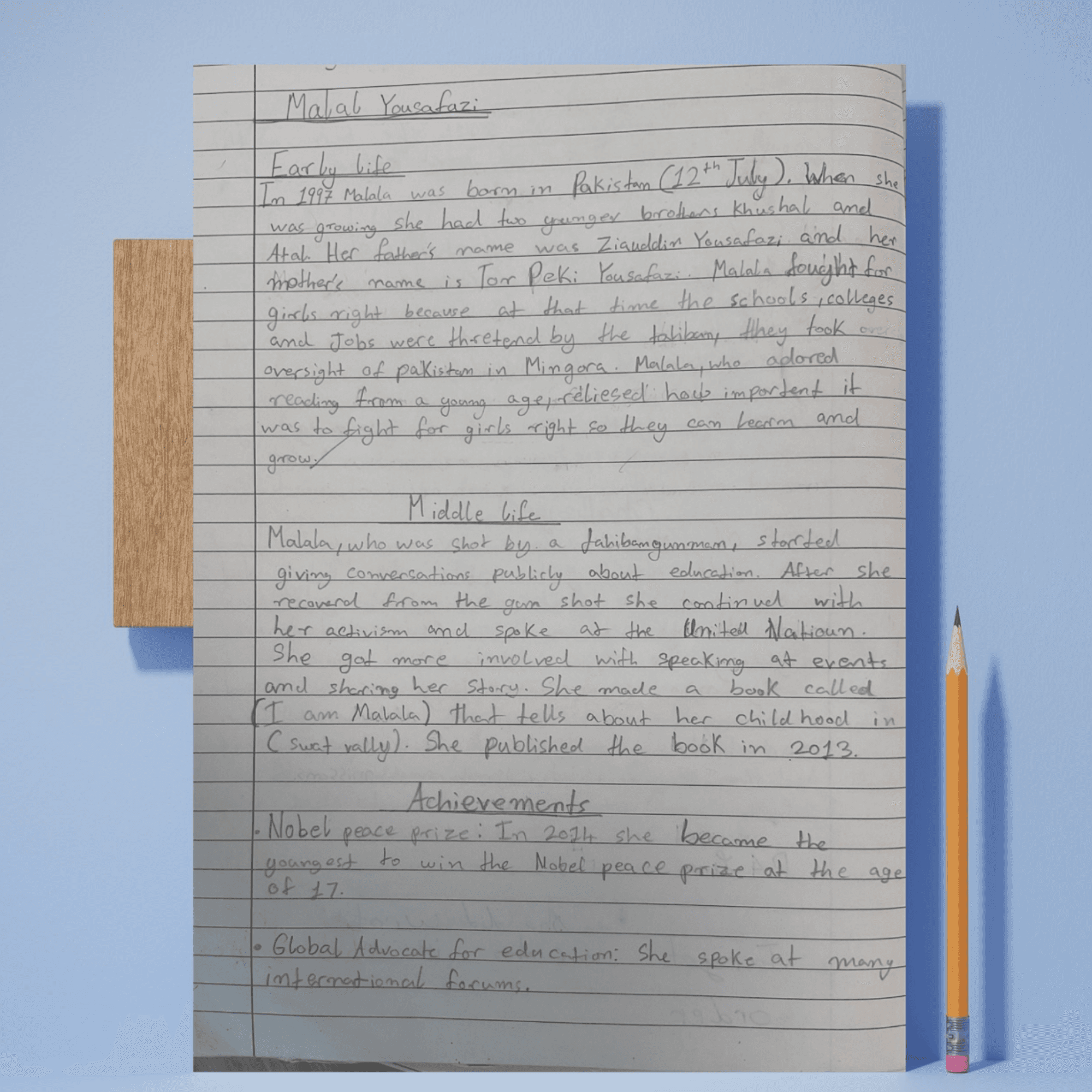 Student's handwritten biography writing task
