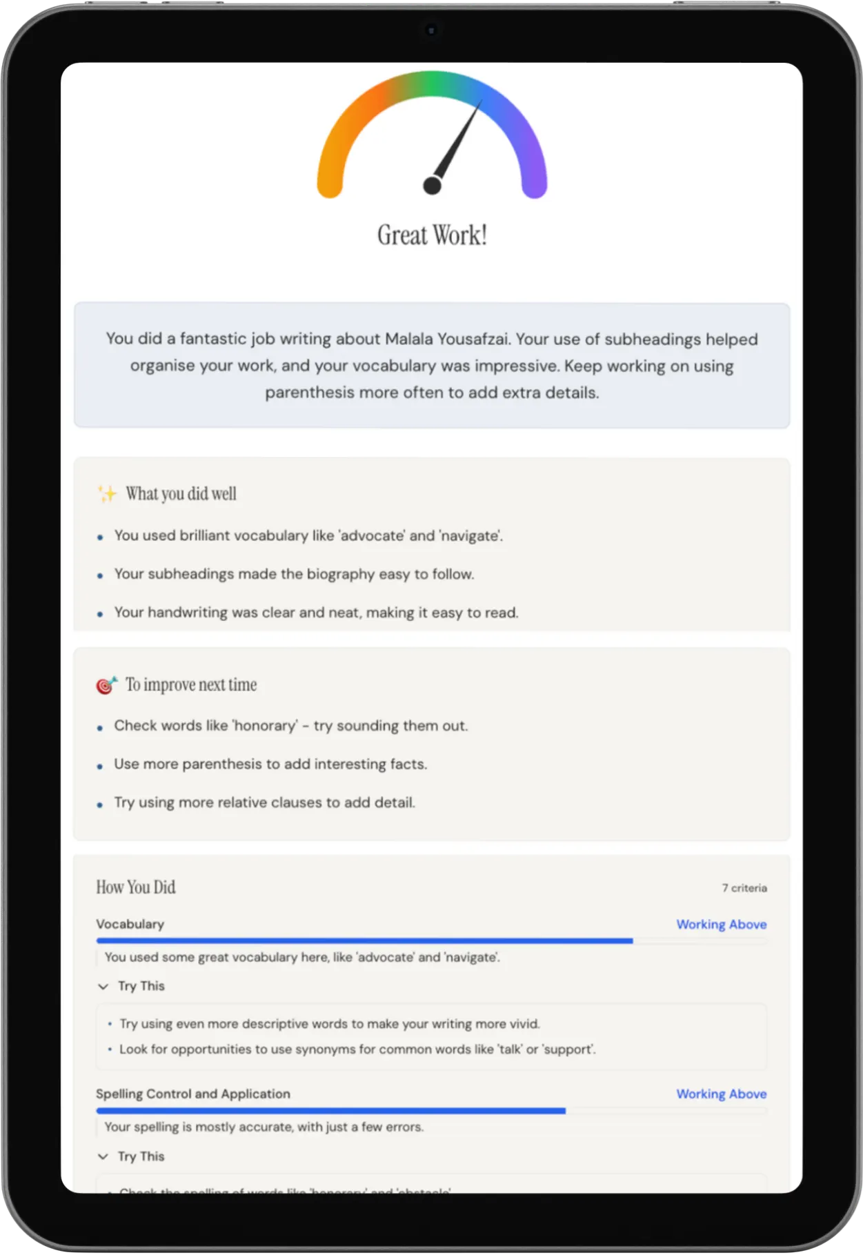 Personalised feedback summary