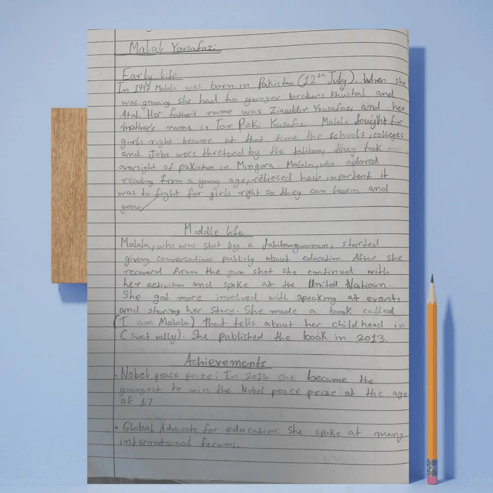 Student's handwritten biography